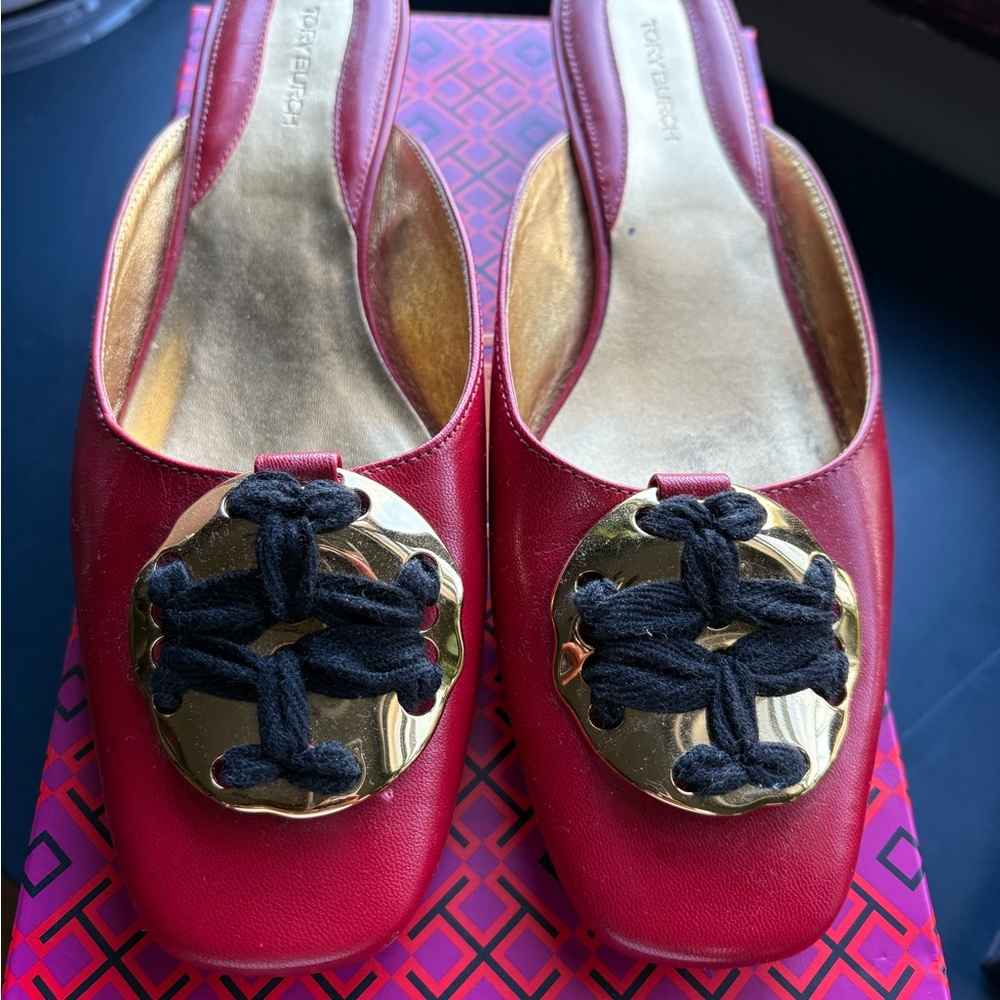 Tory Burch Red Woven Logo Kitten Heel Goat Leather 7.5